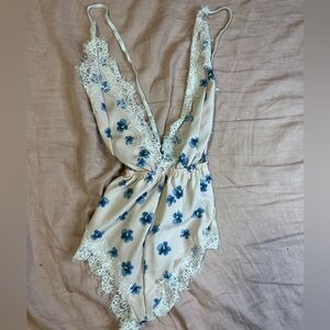 Pink blue floral lingerie romper